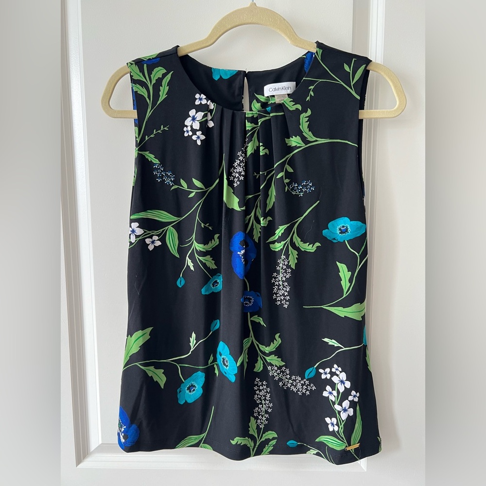 Calvin Klein Pleated Crew Neck Floral Tank - Women’s Business Professional